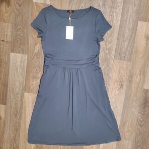 Quince Ruched Olive Green Jersey Dress Short Sleeve